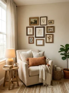 Mini gallery wall styling in a warm cozy living room