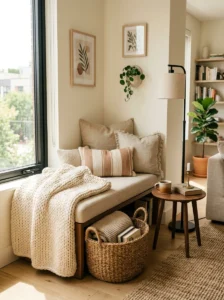 Textured bench styling in a modern living room corner