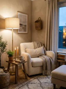 Layered lighting creating warmth in a cozy living room corner