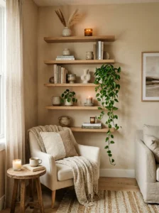 Floating shelves styled in a cozy living room corner