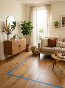 Measuring rug size in a modern living room before decorating