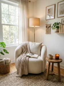 Cozy reading nook in a living room corner with soft neutral decor