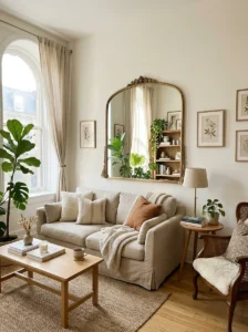Mirror reflecting natural light in a small living room