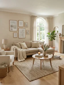 Neutral living room with layered textures and cozy styling
