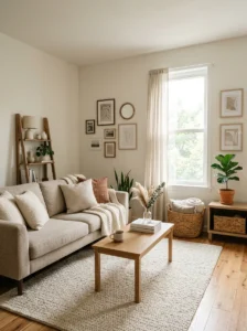 Warm neutral wall paint in a cozy budget living room makeover