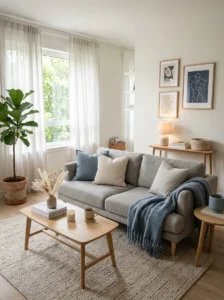 Dusty blue and soft gray airy living room decor