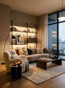 Black and warm taupe sophisticated living room design