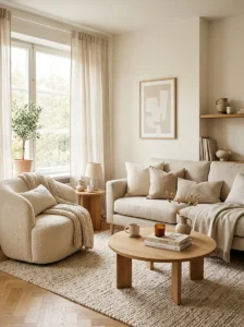 Light neutral color palette in a cozy small living room