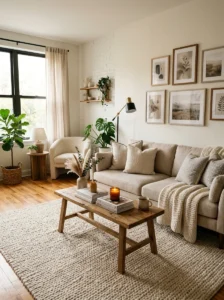 Large textured rug in a cozy affordable living room
