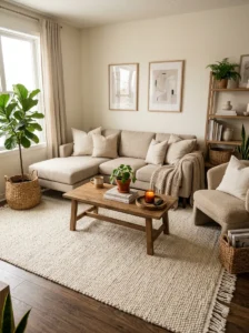 8x10 neutral rug in a cozy modern living room