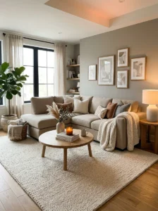 Large rug extending wider than sofa in a cozy living room