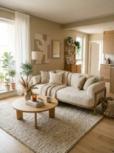 Small living room with floating sofa layout and warm neutral decor