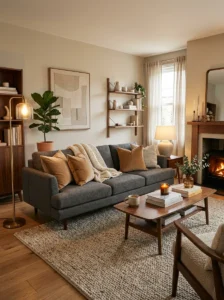 Charcoal gray and camel living room with modern cozy styling