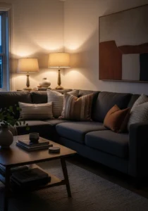 Cozy layered lighting around dark grey couch