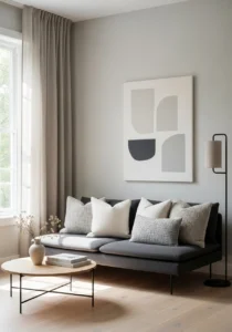 Minimal decor with soft fabrics and dark grey sofa