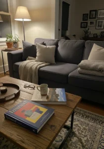 Relaxed cozy living room with dark grey couch