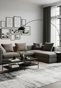 Black accents styling dark grey couch in modern living room