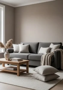 Neutral living room with dark grey sofa, soft taupe walls, cream rug, linen textures