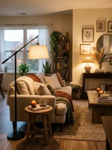 Layered lighting creating warmth in a budget living room makeover
