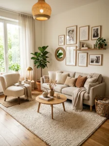 Large area rug defining zones in a cozy small living room