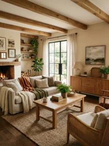 Warm wood accents adding texture to living room
