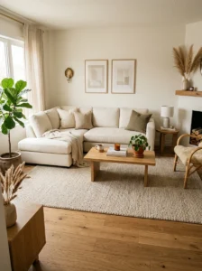 Living room rug with balanced floor spacing around edges