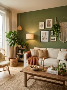 Olive green and cream living room with natural wood decor