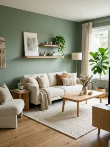Sage green and light oak minimalist living room decor