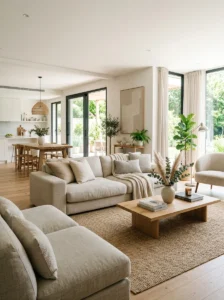 Low furniture creating open conversation room layout