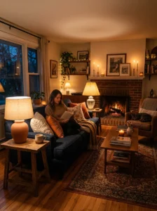 Soft ambient lighting in cozy living room