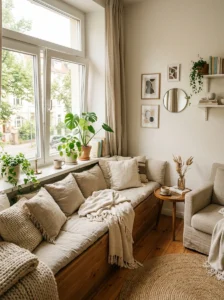 Cozy window seating nook in a bright small living room