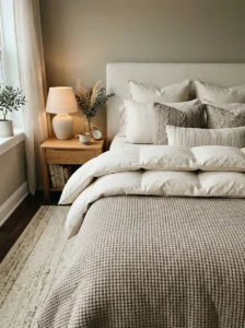 Lightweight quilt layered beneath neutral luxury bedding