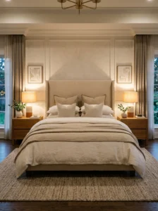 Symmetrical hotel-style bedding arrangement in a modern bedroom