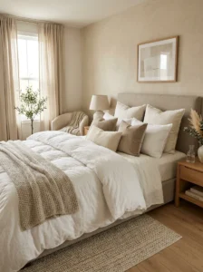 Fluffy oversized duvet layered on a luxury hotel-style bed