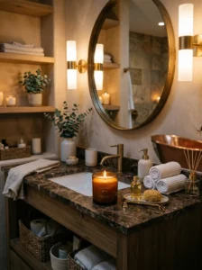 Luxury candles styled on a bathroom vanity counter