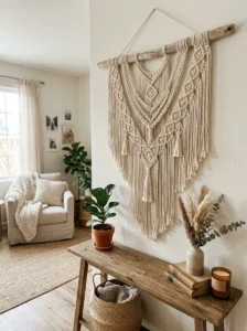Handmade macramé wall hanging in a cozy modern room