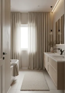 Warm neutral color palette in spa-style bathroom