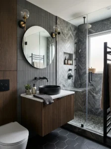 Matte black and brass fixtures in a modern bathroom remodel