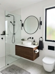 Matte black bathroom fixtures in a modern interior