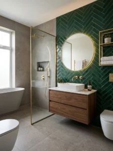 Matte and glossy tile finishes in a modern bathroom