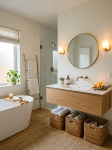 Calm organized bathroom with neutral storage decor