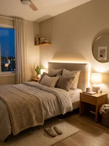 LED strip lighting behind a cozy bedroom headboard