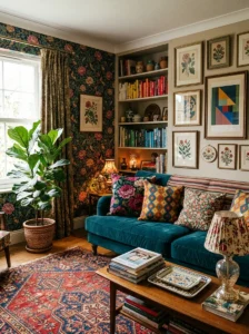 Bold color palette in cozy maximalist room