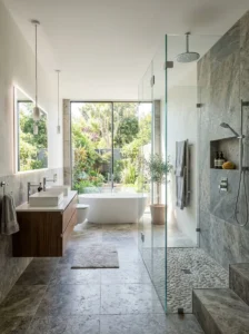 Frameless glass shower in luxurious modern bathroom