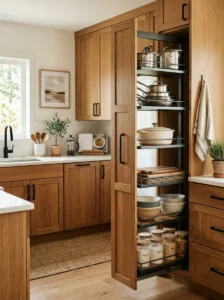 Pull-out shelves in deep lower kitchen cabinets