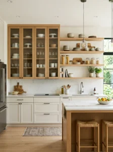 Glass cabinet elements in modern kitchen