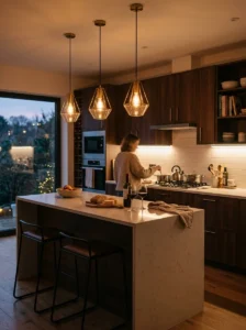 Layered lighting in cozy modern kitchen