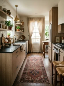 Warm textiles and rugs in modern kitchen