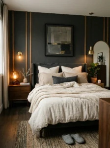 Dark moody accent wall with layered neutral bedding