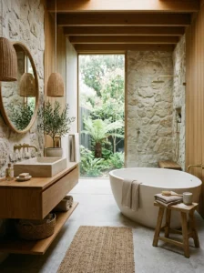 Natural materials bringing warmth to a modern bathroom